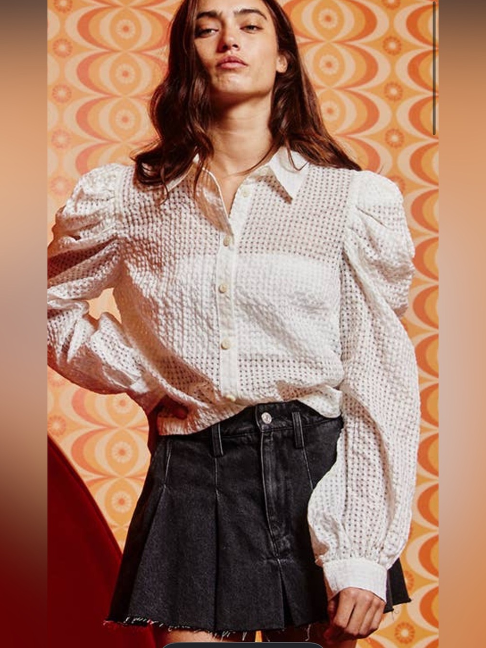 Maeve White Sheer Textured Puff-Sleeve Button-Down Blouse - Picture 1 of 9